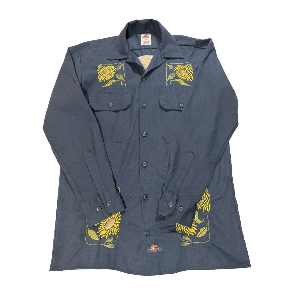 Custom Embroidered Dickies Sunflower Navy Work Shirt Size S Boho Western
